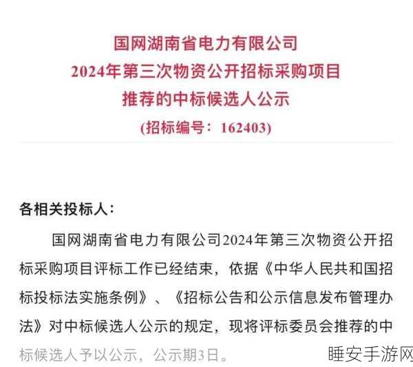 国网华东分部手游联动招标，2024年第二次物资招标采购中标候选人揭晓，游戏元素融入引关注